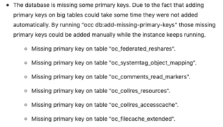 警告「The database is missing somu primary keys.」